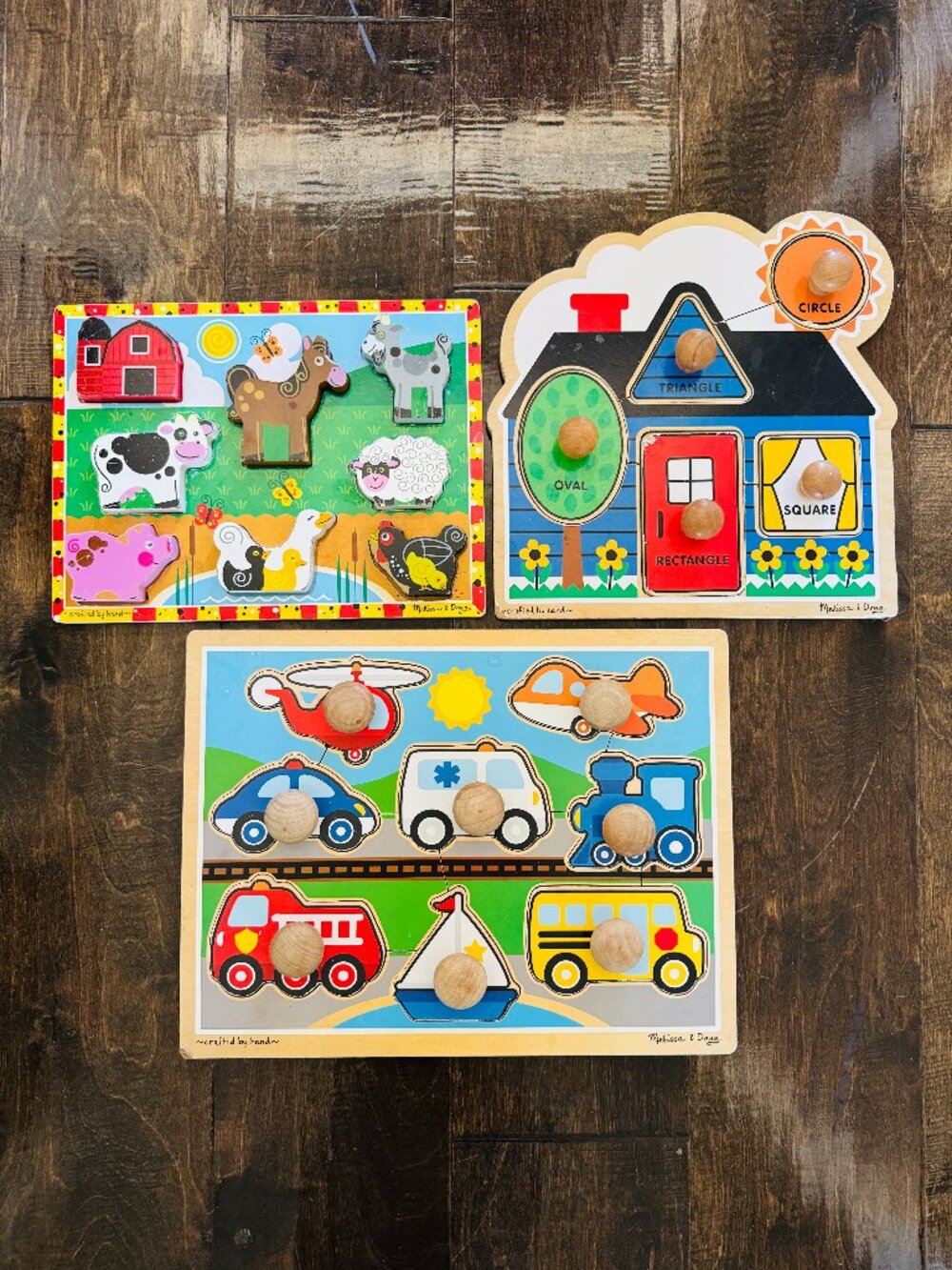 Melissa & Doug Puzzles Bundle of Three First Shapes Knob Vehicles Knob Farm Chun